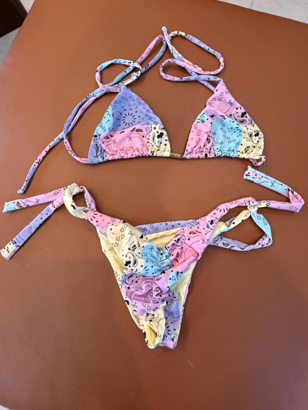 Maretoa Brazilian Bikini Set Top S Bottom M Patchwork Tie Side - Picture 5 of 7